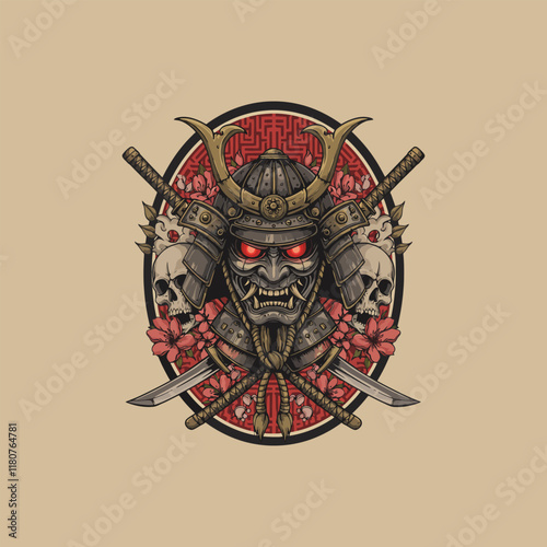 A fierce oni mask in samurai armor flanked by crossed swords and skulls adorned with cherry blossoms.