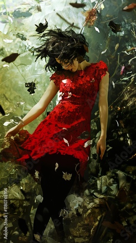 Surreal Woman in Red Dress Amidst Falling Leaves