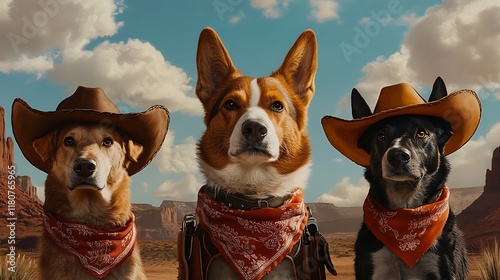 Adorable Dogs in Cowboy Hats Against a Stunning Wild West Backdrop, Embracing the Spirit of Adventure with Their Charming Bandanas