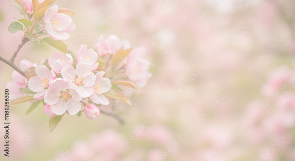 A springtime floral background with soft-focus blossoms in pastel pinks and whites, framed by delicate green foliage A springtime floral background with soft-focus blossoms in pastel pinks and whites, framed by delicate green foliage