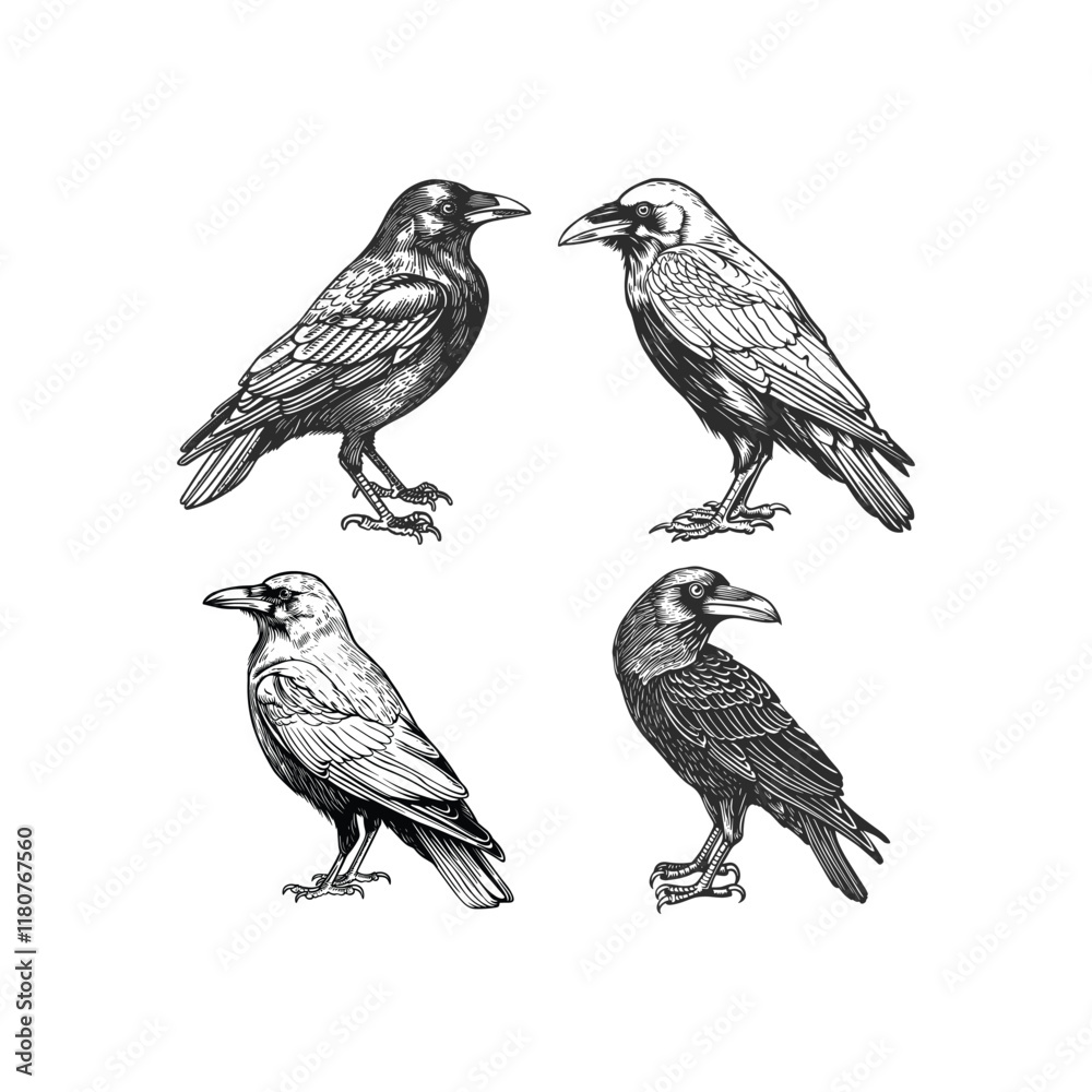 Fototapeta premium Crow hand draw engraving design vector template illustration