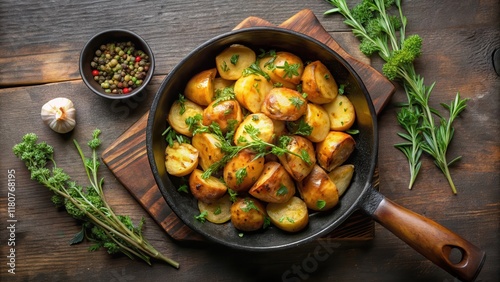 Pan-seared potato dish in iron skillet with fresh herbs on top , side dish, ,  side dish,vegetable, kr?uter photo