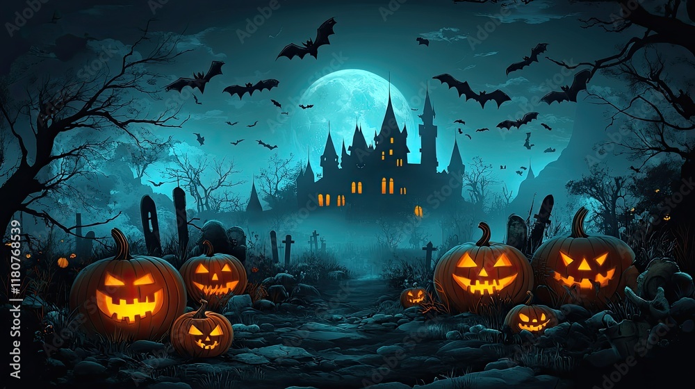 Spooky Halloween night scene with pumpkins, castle, bats, and full moon. Spooky Halloween night scene with pumpkins, castle, bats, and full moon.