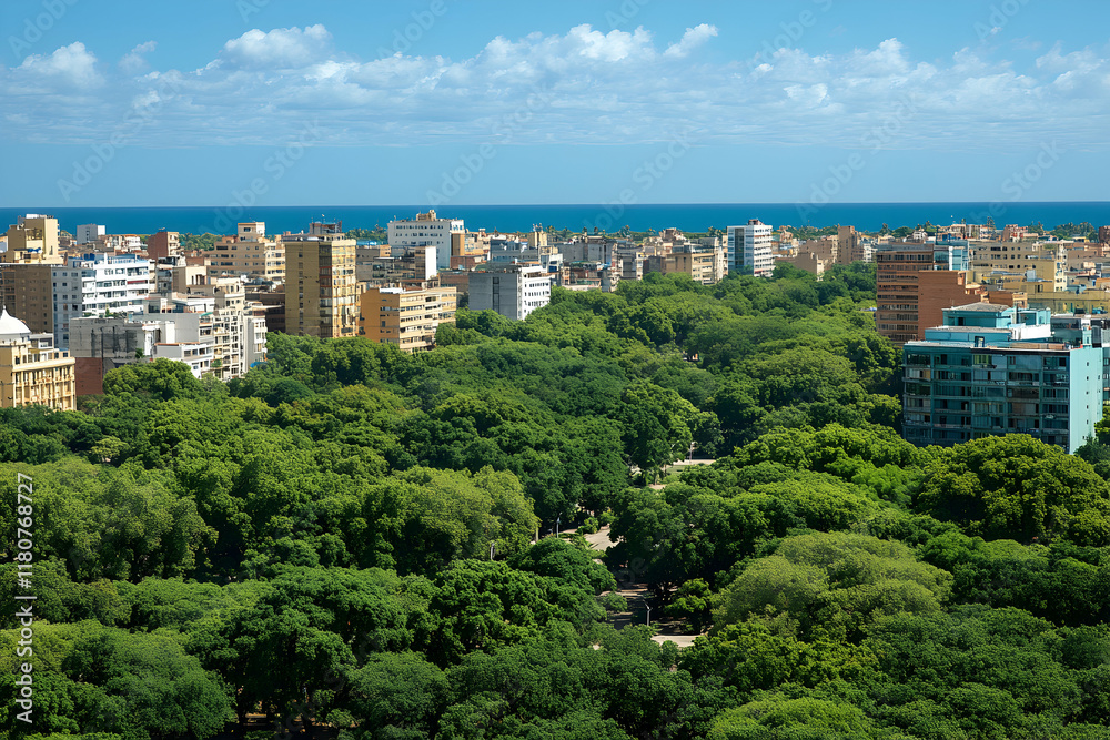 Stunning aerial view of a coastal city, lush green park separating buildings from ocean; vibrant, sunny day.