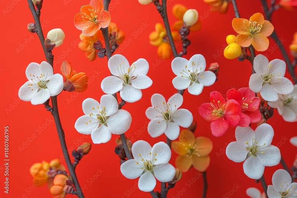 Fototapeta premium Close-up of Delicate White and Red Blossoms Against a Vibrant Red Background