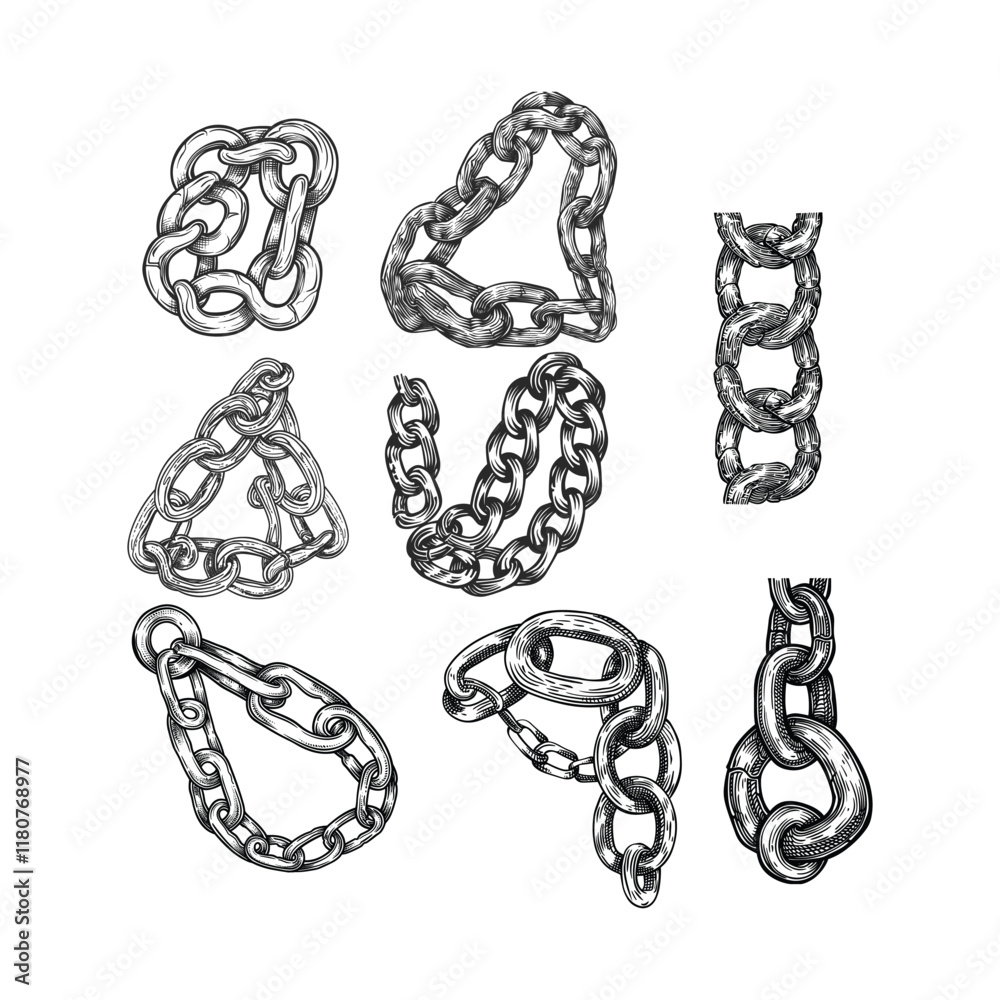 set of Chain hand drawn engraving design vector template set of Chain hand drawn engraving design vector template
