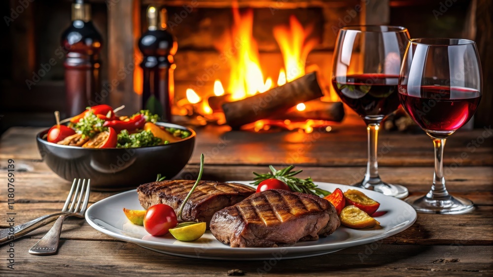 A romantic dinner for two with a plate of grilled steaks, roasted vegetables, and a glass of rich red wine on a candlelit table , grilled food, romantic dinner A romantic dinner for two with a plate of grilled steaks, roasted vegetables, and a glass of rich red wine on a candlelit table , grilled food, romantic dinner