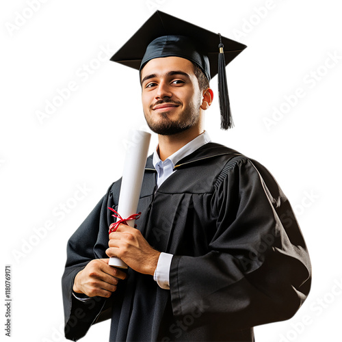A confident male graduate student wearing a cap and gown