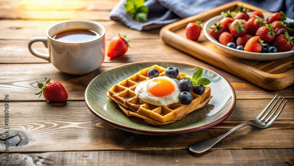 A delicious waffle breakfast with a fried egg, blueberries, and strawberries served on a rustic wooden table, accompanied by a cup of tea A delicious waffle breakfast with a fried egg, blueberries, and strawberries served on a rustic wooden table, accompanied by a cup of tea