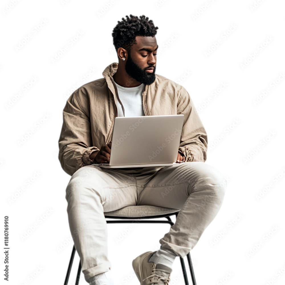 A Man Sits on a Chair with a Laptop Isolated Against White Background A Man Sits on a Chair with a Laptop Isolated Against White Background