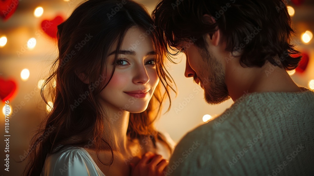Close-up portrait of a couple, the woman, in a white satin top, gently brushing the man’s hand as he stands beside romantic couple travel, happy valentine honeymoon background. Close-up portrait of a couple, the woman, in a white satin top, gently brushing the man’s hand as he stands beside romantic couple travel, happy valentine honeymoon background.
