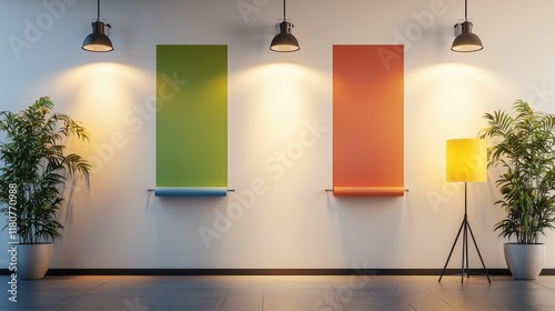 Three colorful paint rollers on a white wall with lamps.
