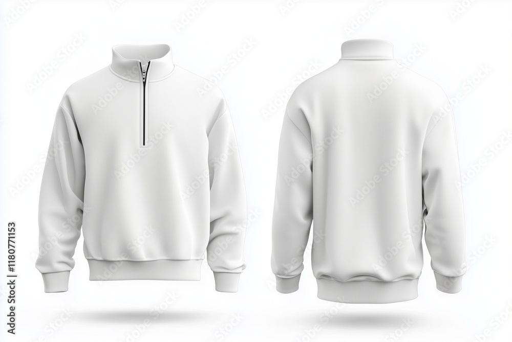 3D realistic view of a white sweatshirt with a half-zip. 3D realistic view of a white sweatshirt with a half-zip.