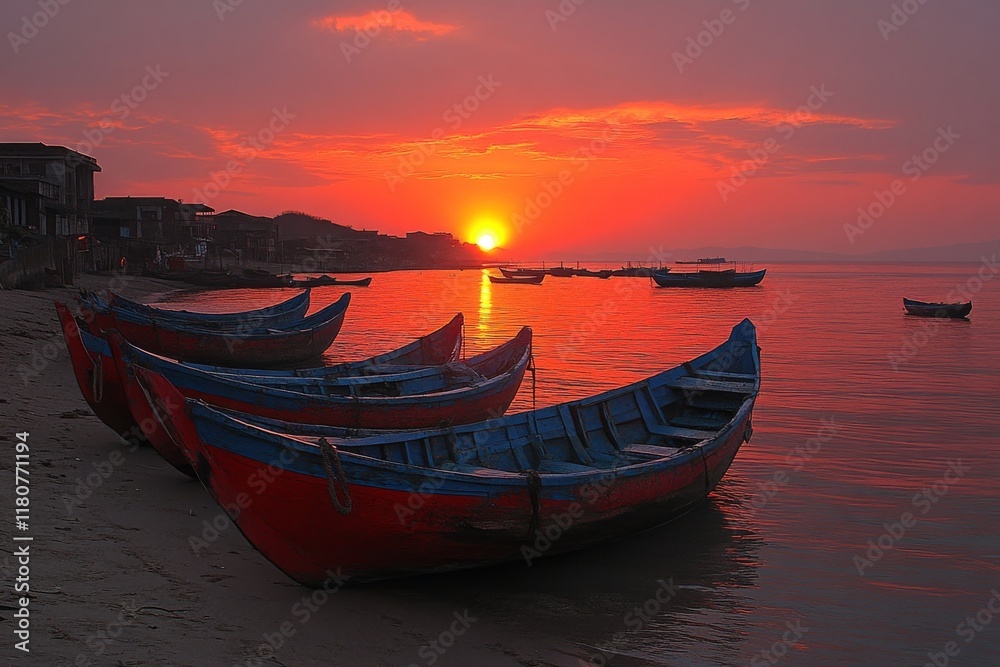 Φωτογραφία Vibrant Sunset Over Coastal Village with Fishing Boats