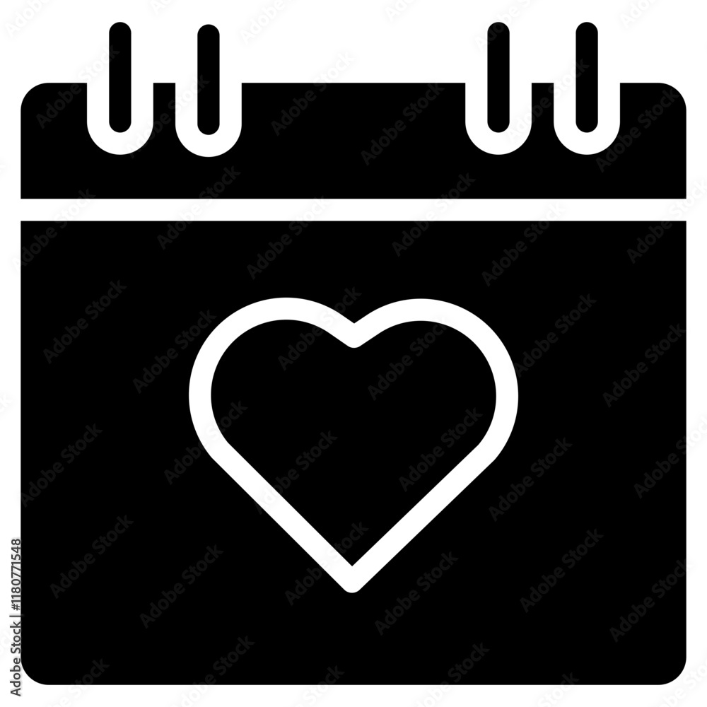 Calendar icon with red heart. Romantic daily checklist management, timetable, weekly schedule, agenda. Solid icon. Calendar icon with red heart. Romantic daily checklist management, timetable, weekly schedule, agenda. Solid icon.