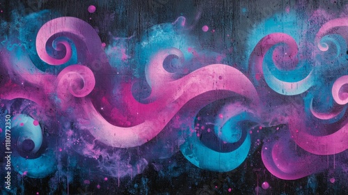 Abstract graffiti shapes and textures resembling cosmic energy with glowing hues of blue and pink photo