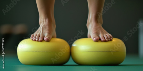 Balanced feet on yellow exercise equipment for stability training