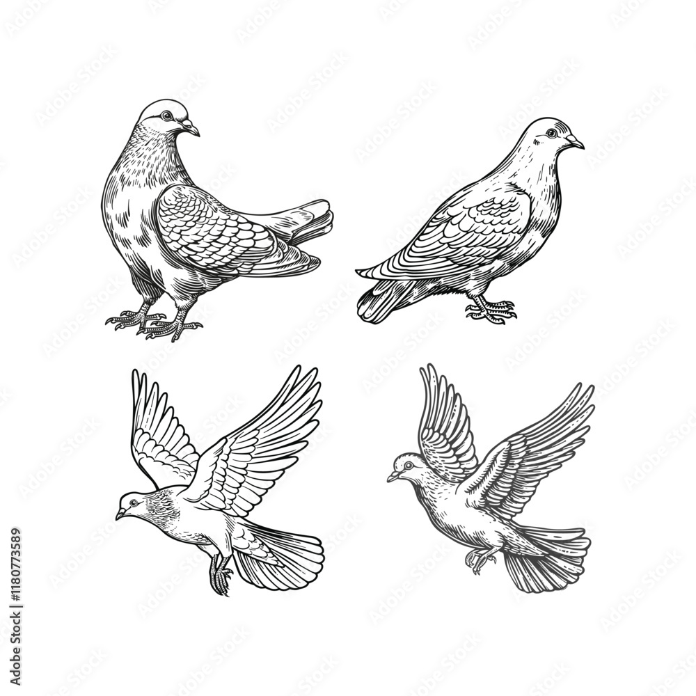 Fototapeta premium Dove hand draw engraving design vector template illustration
