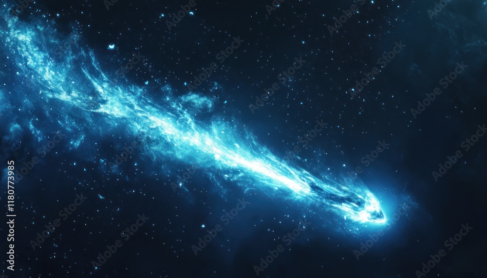 Naklejka premium Celestial Trail, A Vibrant Blue Comet Streaking Through the Star-Dusted Canvas of Deep Space, Illuminating the Darkness with its Energetic Passage
