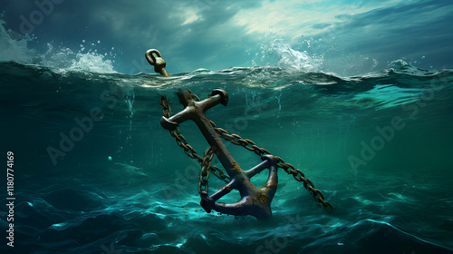 Metal anchor resting on the ocean floor beneath turbulent waves, suspended in dark waters with chains creating a sense of mystery and depth. photo