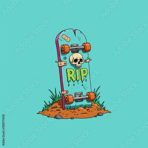 The illustration depicts a damaged skateboard functioning as a tombstone in a cartoon style.