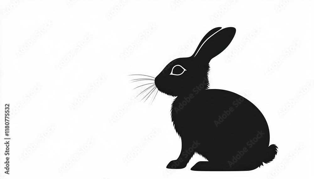 A Minimalist Black Silhouette of a Rabbit Against a Clean White Background, Capturing its Elegant Profile with Detailed Whiskers and Erect Ears, A Minimalist Black Silhouette of a Rabbit Against a Clean White Background, Capturing its Elegant Profile with Detailed Whiskers and Erect Ears,