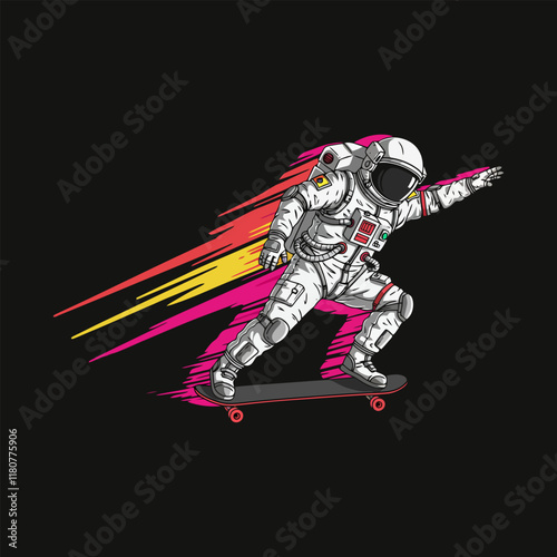 An illustration depicts an astronaut performing a skateboarding trick in space with a dynamic motion blur effect.