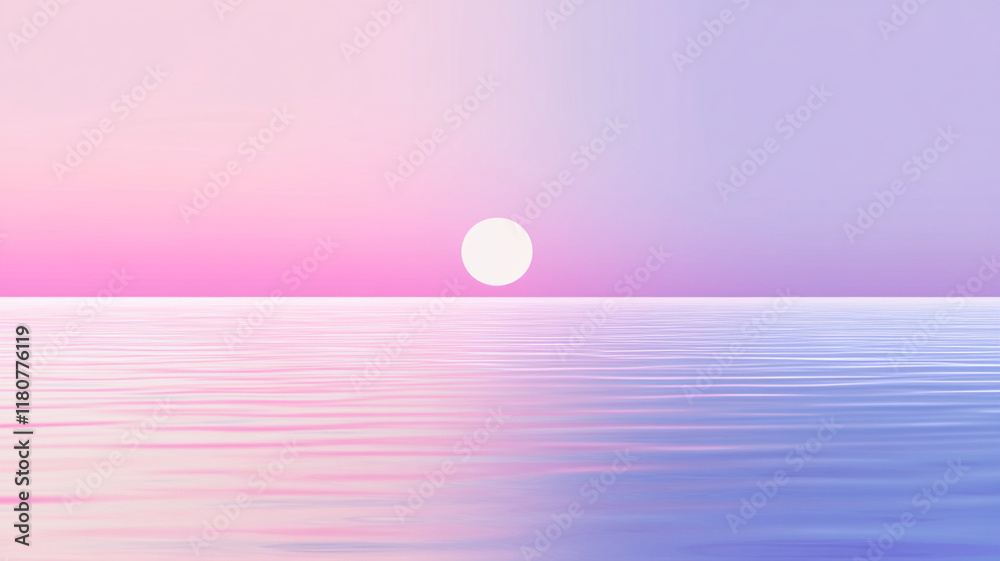 Tranquil ocean seascape with sun rising over horizon in pastel pink and purple sky reflecting on calm water surface Tranquil ocean seascape with sun rising over horizon in pastel pink and purple sky reflecting on calm water surface
