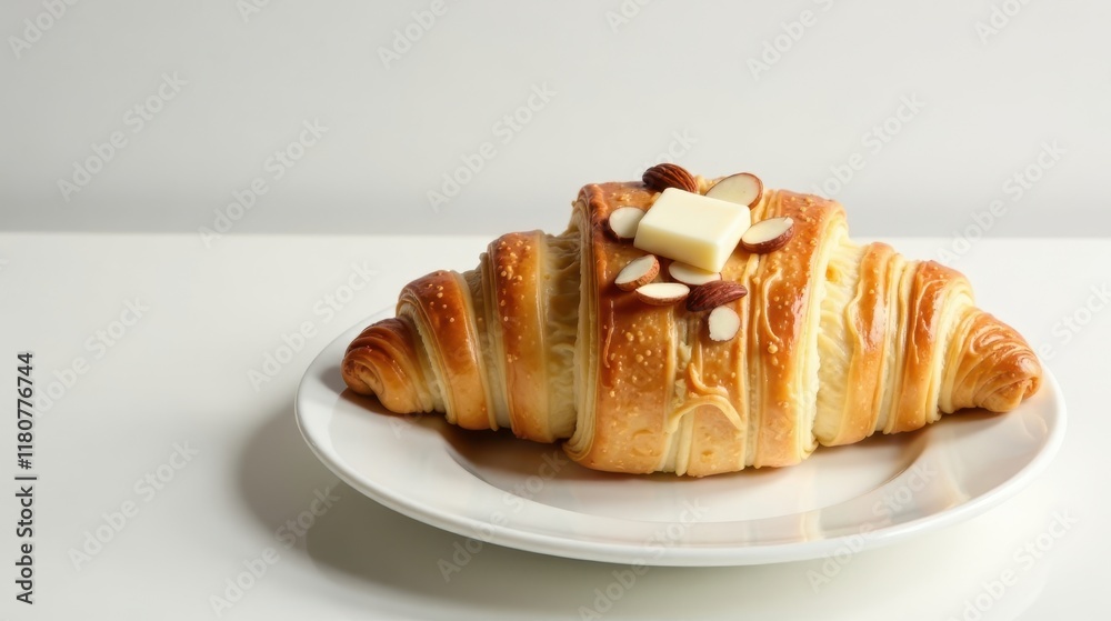 A Buttery Croissant with Toasted Almonds and a Pat of Butter on a Simple White Plate A Buttery Croissant with Toasted Almonds and a Pat of Butter on a Simple White Plate