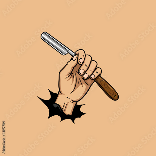 A stylized illustration depicts a hand emerging from a hole clutching a classic straight razor.