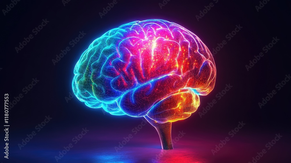 Glowing brain illustration with vibrant neon colors on a dark background. Glowing brain illustration with vibrant neon colors on a dark background.