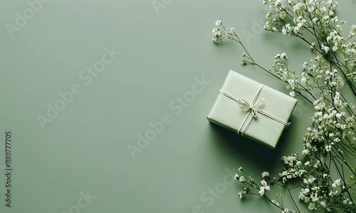 Elegant Minimalist Gift Box with Delicate White Flowers on a Soft Green Background for Special Occasions and Celebrations