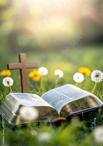 An open Bible with a wooden cross on the green grass meadow and dandelion flower background
