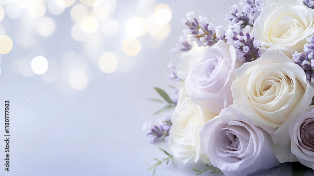 Romantic white and purple roses arrangement with bokeh light creating dreamy backdrop for wedding celebration theme Romantic white and purple roses arrangement with bokeh light creating dreamy backdrop for wedding celebration theme