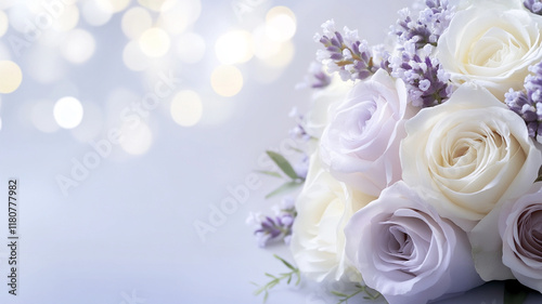 Romantic white and purple roses arrangement with bokeh light creating dreamy backdrop for wedding celebration theme