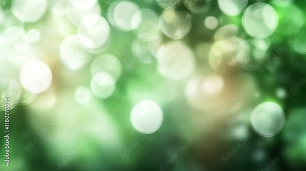Obraz premium Abstract blurred forest lights with soft green bokeh sparkles and defocused nature background with dreamy glowing circles pattern