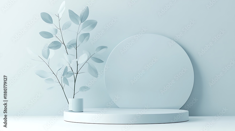 Minimalist Blue Platform with Plant and Circle Minimalist Blue Platform with Plant and Circle