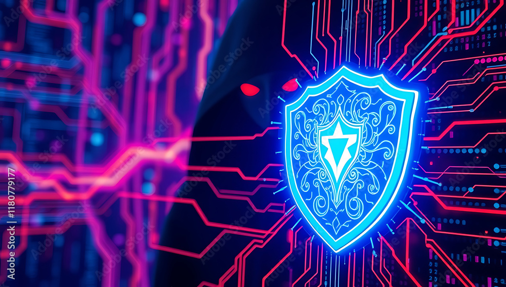 Fototapeta premium A glowing shield icon with data streams and a dark, shadowy figure symbolizing hackers, set against a vibrant cyber matrix background.