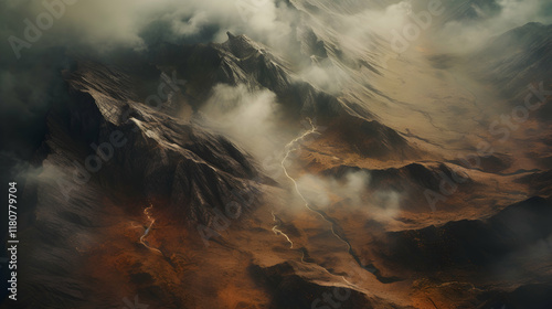 Mysterious mountainous landscape shrouded in clouds with earth tones and dramatic light, showcasing rugged terrain in a serene atmosphere photo