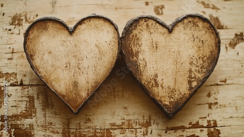 Two rustic wooden hearts on aged wood background.
