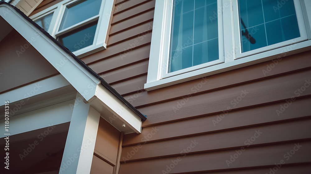 Obraz premium Brown Horizontal Siding, White Trim, and Window Detail on House Exterior