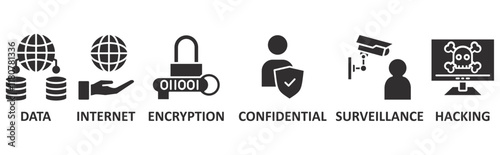 Privacy icon set illustration concept with icon of data, internet, encryption, confidential, surveillance, hacking	