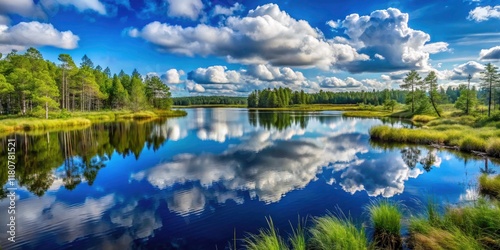 Serene Landscape of Kemeru National Park with Blue Lake and Cloud Reflections photo