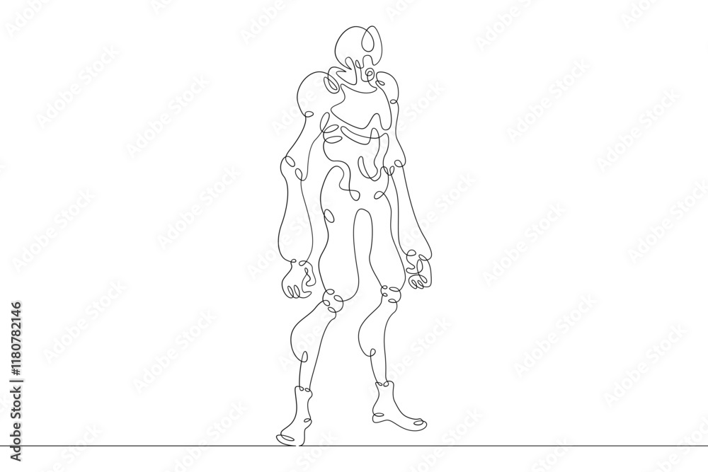 Robot android in full growth. Robotics, artificial intelligence. One continuous drawing line logo single hand drawn art doodle isolated minimal illustration. Robot android in full growth. Robotics, artificial intelligence. One continuous drawing line logo single hand drawn art doodle isolated minimal illustration.