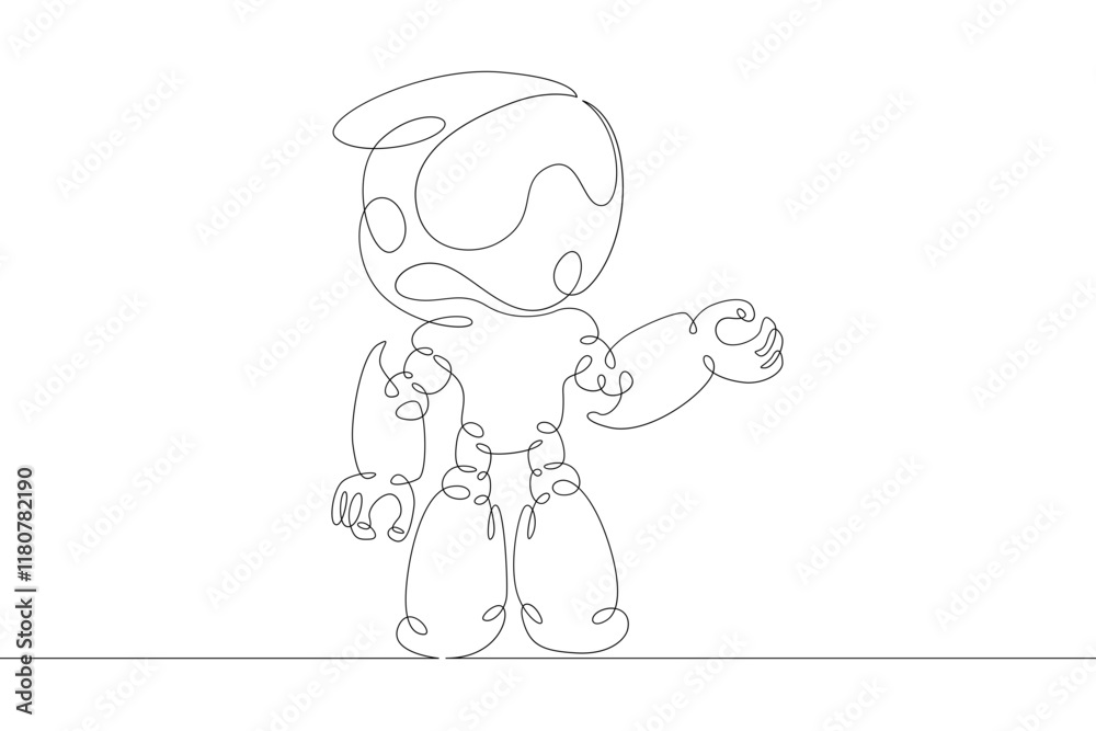 Robot android in full growth. Robotics, artificial intelligence. One continuous drawing line logo single hand drawn art doodle isolated minimal illustration. Robot android in full growth. Robotics, artificial intelligence. One continuous drawing line logo single hand drawn art doodle isolated minimal illustration.