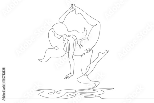 The female character levitates in the air. Beautiful pose of a slender sports girl. One continuous drawing line  logo single hand drawn art doodle isolated minimal illustration.