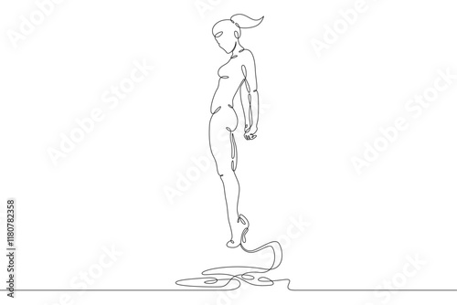 The female character levitates in the air. Beautiful pose of a slender sports girl. One continuous drawing line  logo single hand drawn art doodle isolated minimal illustration.