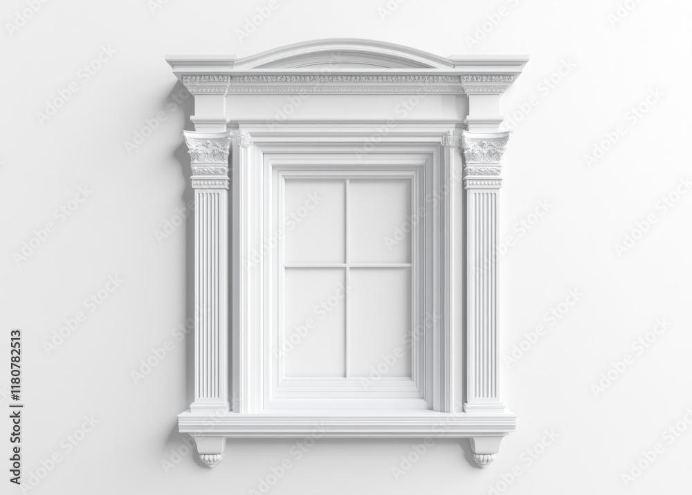 Elegant White Window Frame with Classical Architectural Details Elegant White Window Frame with Classical Architectural Details