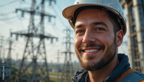 Smiling electrical engineer standing near high voltage power tower on a sunny day. Electricians Day photo