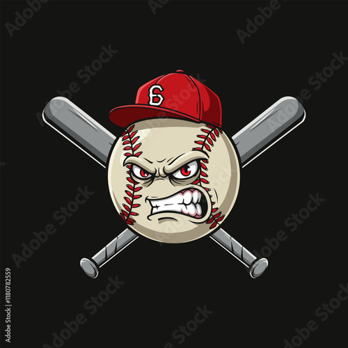 An illustration of an angry baseball with a red cap and crossed bats behind it.